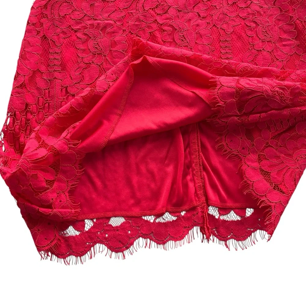 MSLG Womens Sz Large Bright Red Floral Lace Short Sleeve Round Neck A-line Dress